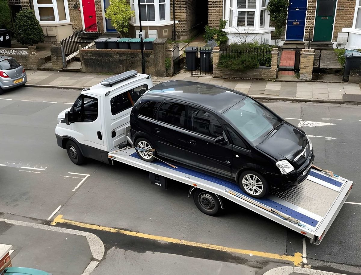 Nationwide Vehicle Transportation flatbed recovery truck loading a car